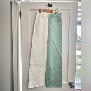 Two tone jeans Shekou, wide leg cropped, white, mint, New with tags